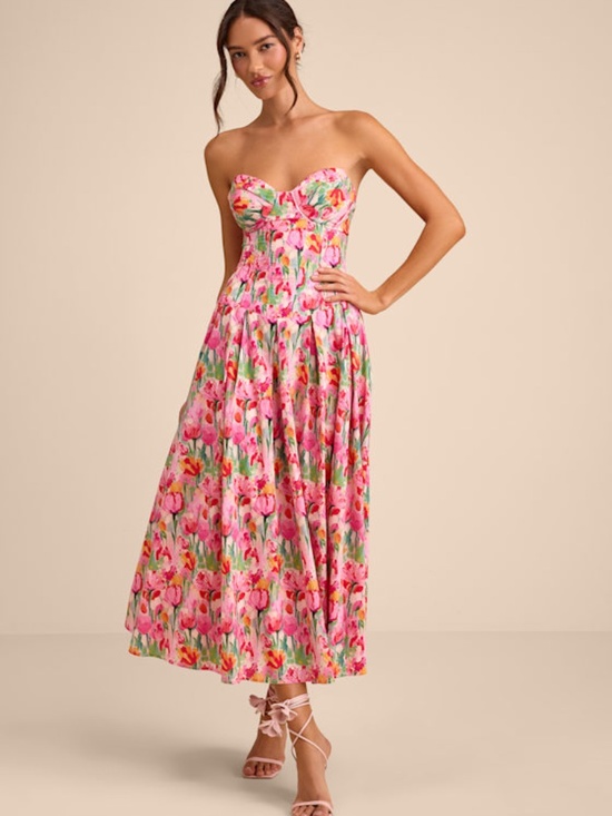 Lulus Dresses & Skirts - Lulus Francena Pink Multi Floral Bustier Midi Dress - Size XL